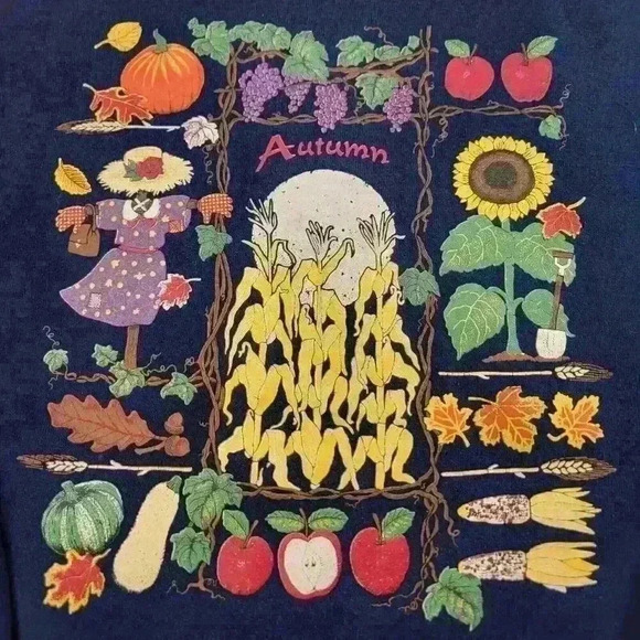 Vtg Jerzees Sweatshirt Womens XL Autumn Scarecrow Pumpkins Grandmacore 90s USA - Picture 1 of 12